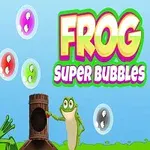 Ranas caricaturescas rodeadas de burbujas de colores y el texto Frog Super Bubbles sobre un fondo azul