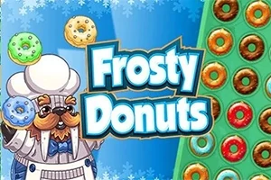 Walrus chef sosteniendo donas coloridas junto al texto Frosty Donuts en un fondo azul con copos de nieve y una fila de donas