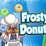 Walrus chef sosteniendo donas coloridas junto al texto Frosty Donuts en un fondo azul con copos de nieve y una fila de donas