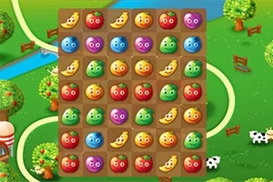 Frutas coloridas con caras expresivas alineadas en una cuadrícula sobre un fondo de granja verde