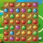 Frutas coloridas con caras expresivas alineadas en una cuadrícula sobre un fondo de granja verde