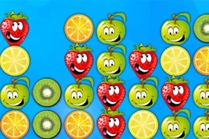 Frutas caricaturizadas con caras sonrientes, incluyendo fresas, manzanas, naranjas, limones y kiwis sobre un fondo azul