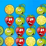 Frutas caricaturizadas con caras sonrientes, incluyendo fresas, manzanas, naranjas, limones y kiwis sobre un fondo azul