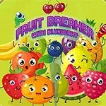 Frutas animadas con ojos y sonrisas en un fondo amarillo con texto colorido