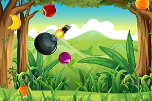 Frutas coloridas y una bomba flotan entre dos árboles en un paisaje de jungla