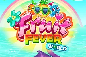 Título colorido con frutas antropomórficas sonrientes, fondo de arcoíris y mar