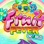 Título colorido con frutas antropomórficas sonrientes, fondo de arcoíris y mar