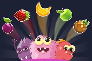 Tres criaturas coloridas y animadas miran hacia arriba, observando una variedad de frutas flotantes, incluyendo fresa, plátano, manzana, ciruela y piña, sobre un fondo oscuro