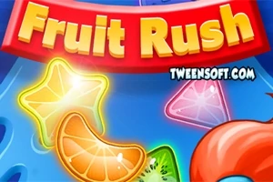 Frutas brillantes en un fondo colorido con un letrero rojo y amarillo