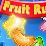 Frutas brillantes en un fondo colorido con un letrero rojo y amarillo