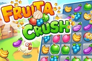 Título colorido con frutas y una gallina en un paisaje campestre junto a un tablero con frutas alineadas
