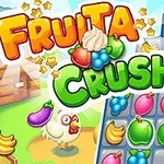 Título colorido con frutas y una gallina en un paisaje campestre junto a un tablero con frutas alineadas
