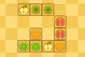 Cuadrados con imágenes de frutas como manzanas, naranjas, limones, kiwis y granadas dispuestos en un tablero de cuadros amarillos y beige