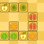 Cuadrados con imágenes de frutas como manzanas, naranjas, limones, kiwis y granadas dispuestos en un tablero de cuadros amarillos y beige