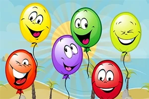 Globos de colores con caras sonrientes flotando sobre un paisaje de playa soleado