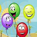 Globos de colores con caras sonrientes flotando sobre un paisaje de playa soleado