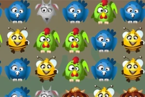 Patrón repetitivo de caricaturas de animales coloridos, incluyendo abejas, pájaros azules, gallinas verdes y un lobo gris, sobre un fondo marrón