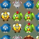 Patrón repetitivo de caricaturas de animales coloridos, incluyendo abejas, pájaros azules, gallinas verdes y un lobo gris, sobre un fondo marrón