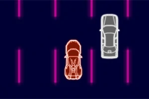 Dos autos con contornos brillantes, uno rojo y otro blanco, sobre un fondo azul con líneas verticales rosadas