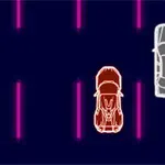 Dos autos con contornos brillantes, uno rojo y otro blanco, sobre un fondo azul con líneas verticales rosadas
