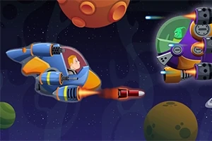 Nave espacial azul y naranja disparando un proyectil hacia una nave enemiga en un fondo estelar con planetas