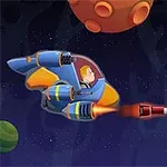 Nave espacial azul y naranja disparando un proyectil hacia una nave enemiga en un fondo estelar con planetas