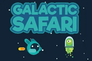Título Galactic Safari en letras grandes con ilustraciones de una nave espacial azul y un pequeño alienígena verde en un fondo estrellado