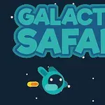 Título Galactic Safari en letras grandes con ilustraciones de una nave espacial azul y un pequeño alienígena verde en un fondo estrellado