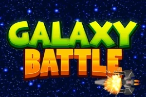 Texto en letras grandes y coloridas Galaxy Battle con un fondo estrellado y una nave espacial pequeña en la esquina inferior derecha