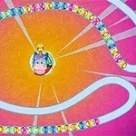 Camino sinuoso de esferas de colores sobre un fondo en tonos rosa y naranja con una figura de burro en el centro