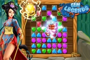Una mujer con vestido tradicional asiático sostiene un bastón, junto a una cuadrícula de gemas de colores brillantes