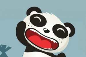 Panda caricaturesco con expresión alegre y boca abierta sobre fondo azul claro