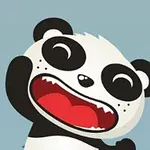 Panda caricaturesco con expresión alegre y boca abierta sobre fondo azul claro