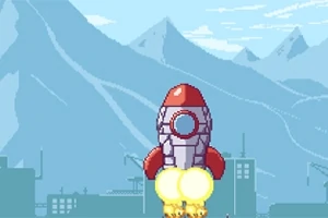 Cohete despegando en un paisaje montañoso con diseño pixelado