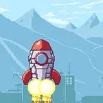 Cohete despegando en un paisaje montañoso con diseño pixelado