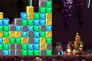 Bloques de colores apilados en una cueva con un personaje barbudo sentado a la derecha junto a gemas y un cántaro