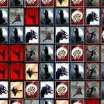 Cuadrícula colorida de íconos variados con imágenes de personajes y símbolos en tonos rojos, grises y azules