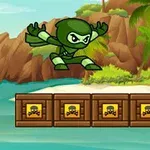 Ninja verde saltando sobre cajas de madera con calaveras en un paisaje de isla tropical
