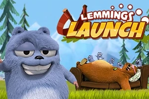 Un oso azul sonriente junto a un oso café acostado en un sillón con pequeños animales alrededor, sobre un fondo de árboles con el texto Lemmings Launch