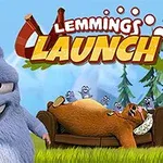 Un oso azul sonriente junto a un oso café acostado en un sillón con pequeños animales alrededor, sobre un fondo de árboles con el texto Lemmings Launch