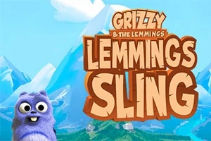 Lemming morado con ojos grandes frente a un paisaje de montañas nevadas y un cielo azul con texto grande en letras marrones