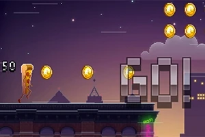 Personaje disfrazado de hot dog corriendo en un paisaje urbano nocturno recogiendo monedas con la palabra GO!