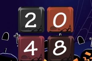 Cuatro bloques numerados con 2, 0, 4 y 8 sobre un fondo de temática de Halloween con lápidas y calabazas