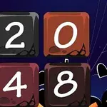 Cuatro bloques numerados con 2, 0, 4 y 8 sobre un fondo de temática de Halloween con lápidas y calabazas