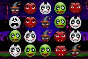 Caras de monstruos de Halloween con expresiones variadas y coloridas distribuidas en una cuadrícula sobre un fondo nocturno con lápidas y casas embrujadas