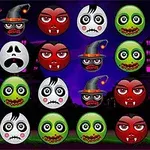 Caras de monstruos de Halloween con expresiones variadas y coloridas distribuidas en una cuadrícula sobre un fondo nocturno con lápidas y casas embrujadas