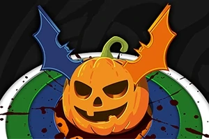 Calabaza con expresión maliciosa y alas de murciélago en colores azul y naranja sobre un fondo con manchas y aros de colores