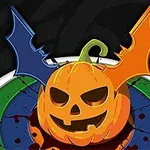 Calabaza con expresión maliciosa y alas de murciélago en colores azul y naranja sobre un fondo con manchas y aros de colores