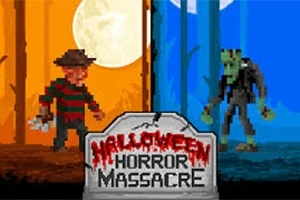 Dos personajes en un fondo dividido, uno naranja con luna llena y el otro azul con la luna visible, con un letrero que dice Halloween Horror Massacre en el centro