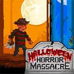 Dos personajes en un fondo dividido, uno naranja con luna llena y el otro azul con la luna visible, con un letrero que dice Halloween Horror Massacre en el centro